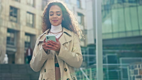 outdoor, walking and woman with a smartphone