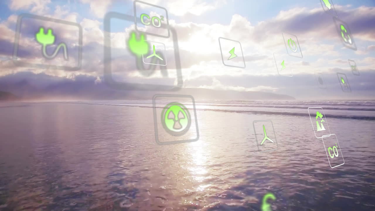 Animation of eco-friendly icons floating over serene ocean landscape at sunset