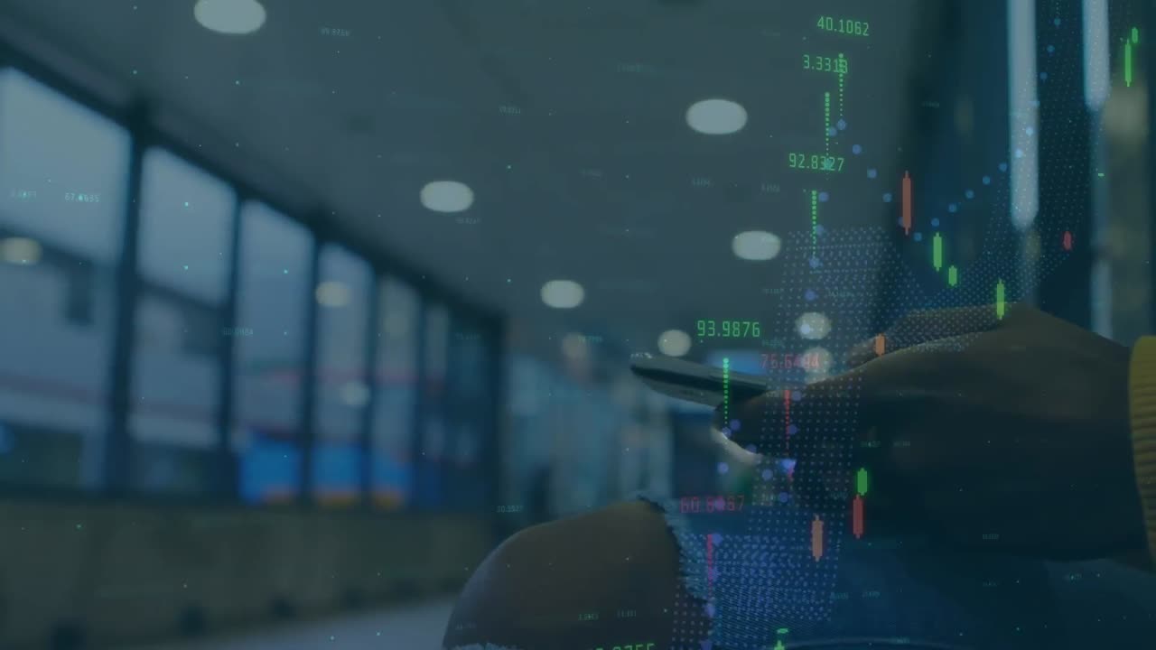 Financial market data processing against mid section of person using smartphone