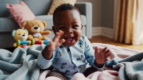 adorable baby laughing and clapping on a blanket