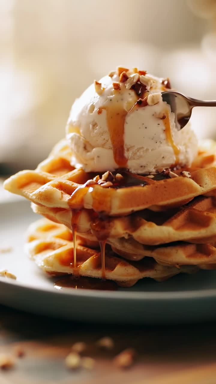 Video close-up waffle dengan topping es krim dan sirup, diambil dari sudut rendah
