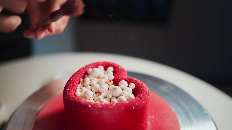Hand delicately sprinkles white beads onto a red heart-shaped cake. Cake rotates on a stand during decoration. Close-up shows fine powder falling gently onto dessert. Ideal for Valentine's Day