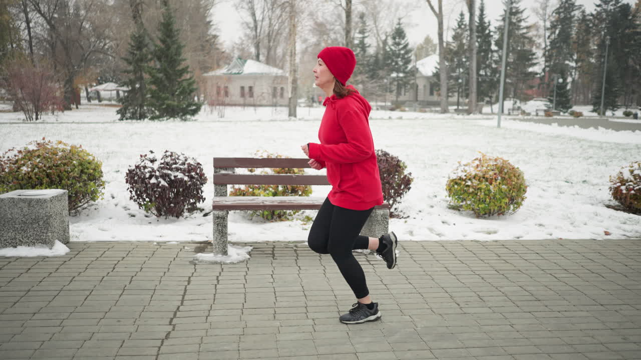 은 후디와 검은색 레을 입고 눈 인 공원 경로를 따라 조하는 피곤한 여성의 측면 전망, 벤치, 활기찬 덤불, 얼어붙은 겨울 나무, 멀리 눈 먼지가 가득 찬 집으로 둘러싸여