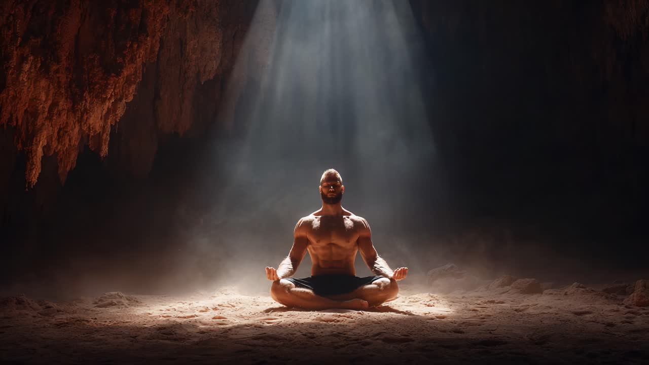 Serenità meditativa: un viaggio trasformativo attraverso la pace interiore in una grotta mistica, illuminata dalla luce naturale, che incarna tranquillità e spiritualità