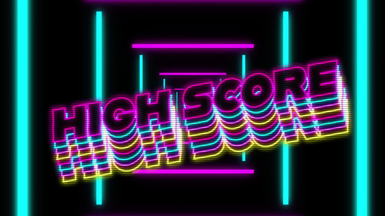검은 바탕에 네온 모양 위에 높은 점수 텍스트의 애니메이션