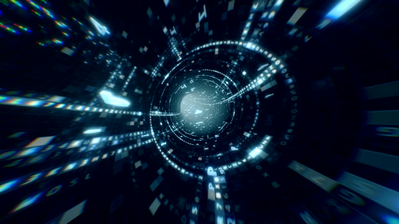 데이터 터널 여행: 4k에서 loopable 애니메이션, 광섬유 케이블 내에서 촬영, 이진 신호로 디지털 정보의 전송