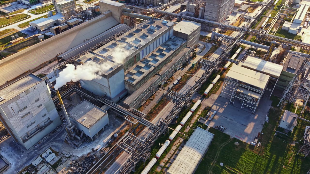 Industrial facility with pipelines and buildings producing smoke in a manufacturing area during daylight hours