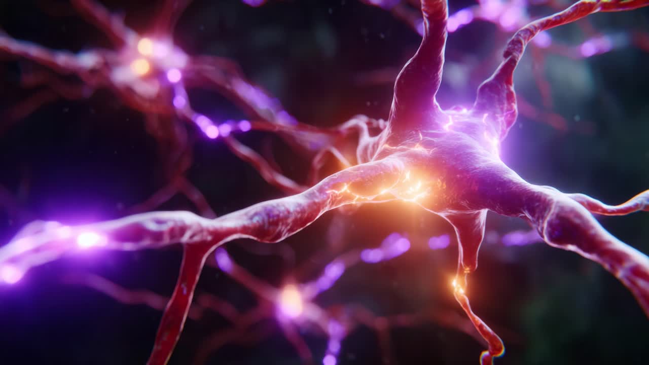 A Detailed Exploration of Neural Connections: Stunning Visuals of Neurons Firing with Electric Pulses and Vibrant Light Patterns in a Sci-Fi Inspired Artwork