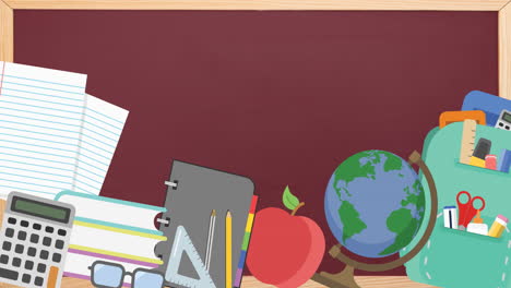 animation of multiple school materials moving  on a red school board