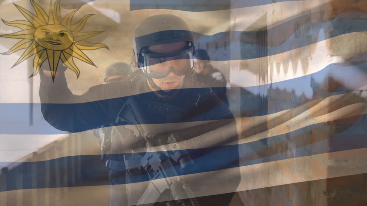 animación de la bandera de uruguay sobre varios soldados