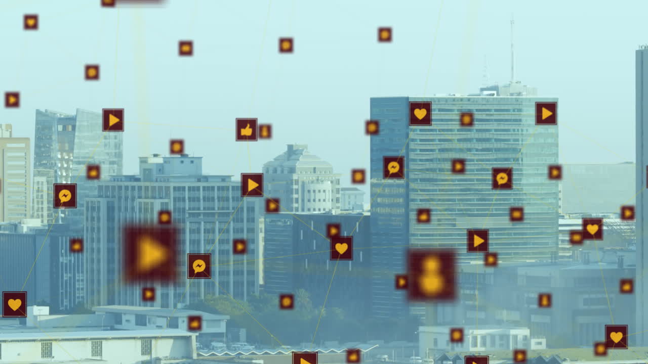 Animação de rede de ícones digitais sobrevoando uma paisagem urbana