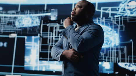 black male specialist engaged in ai research interacting with data structures