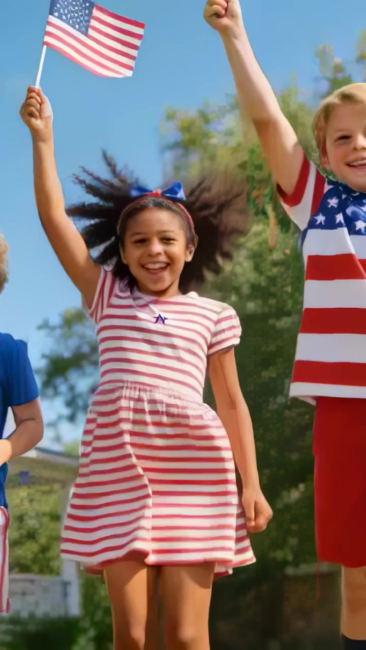 Vertical video: Flags rising as center girl in striped dress jumping yard, celebrating with flags