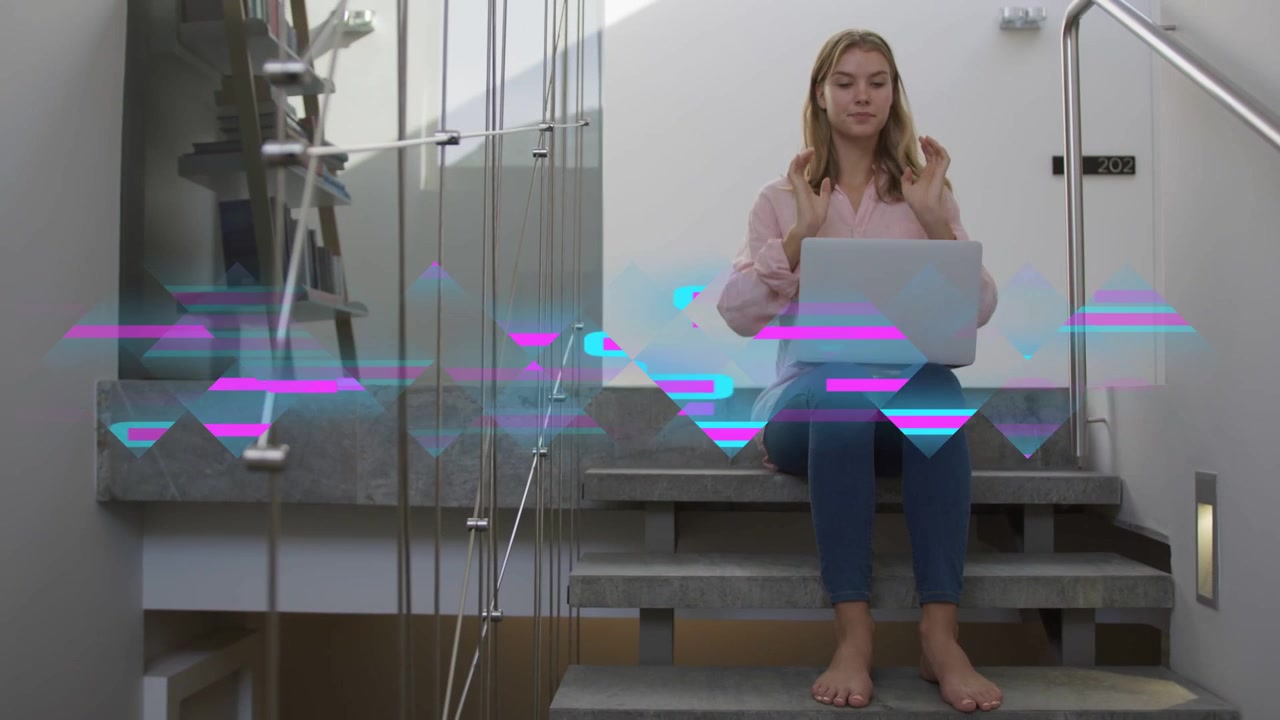 Woman rubbing temples, placing headset and moving laptop on stairs, neon glitch aiding remote work