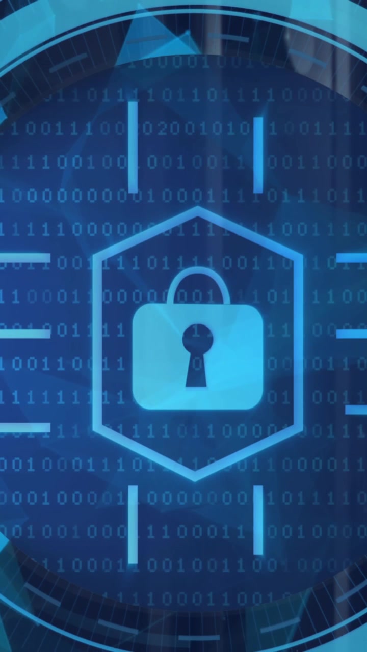 Animation of shapes and digital padlock in circle over servers