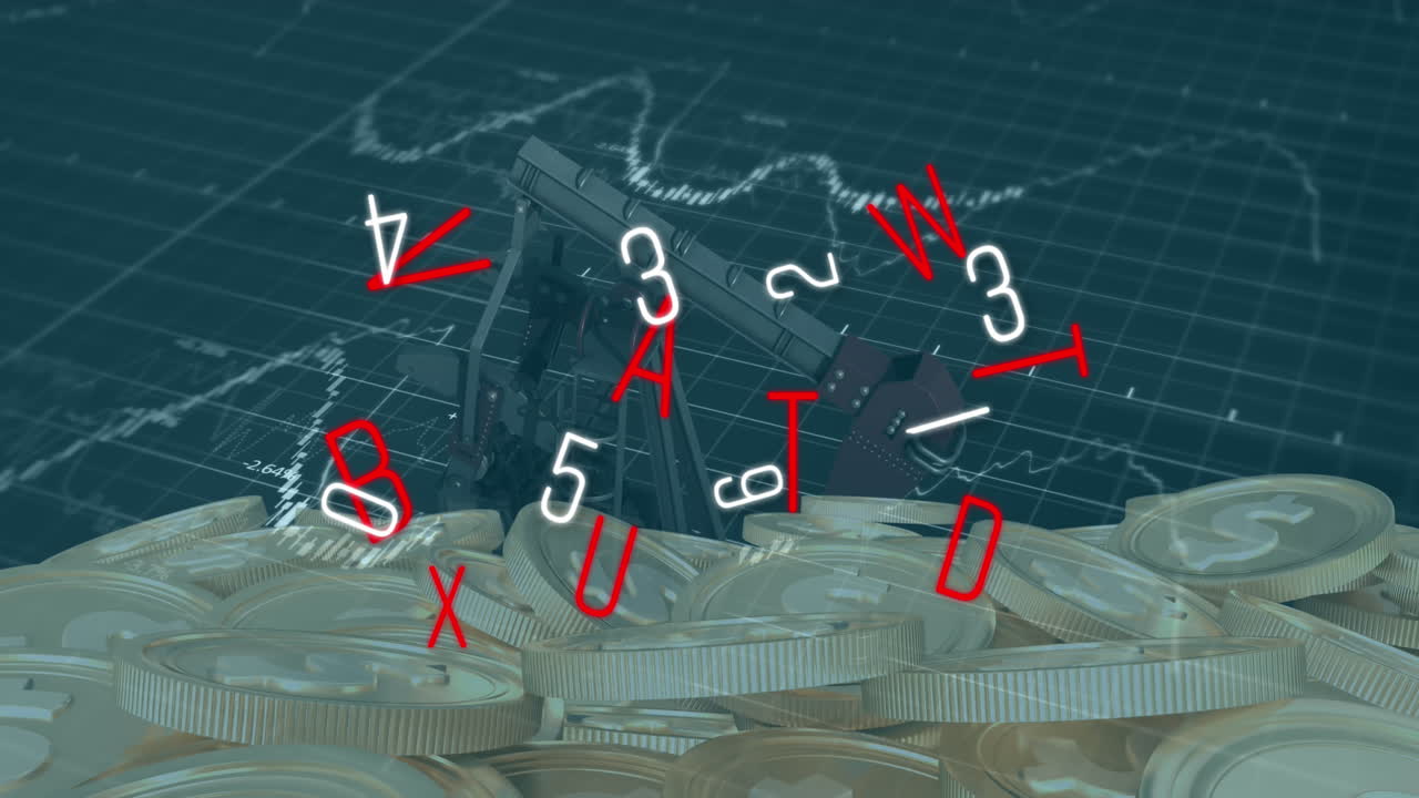 오일 프 위에 글자와 동전의 애니메이션