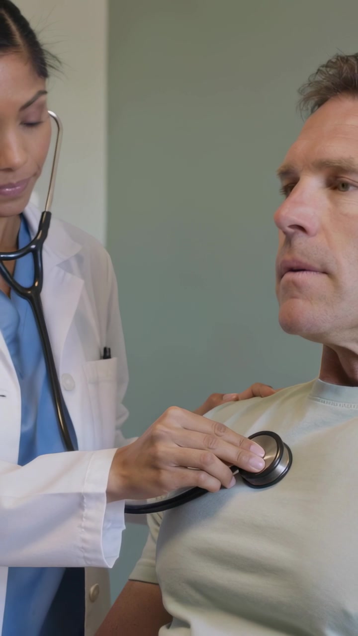 Video verticale: Clinico in camice bianco che posiziona uno stetoscopio sul petto e ascolta i polmoni in clinica.