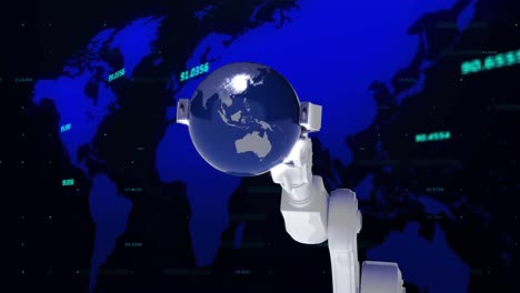 brazo robótico sosteniendo un globo contra el mapa del mundo