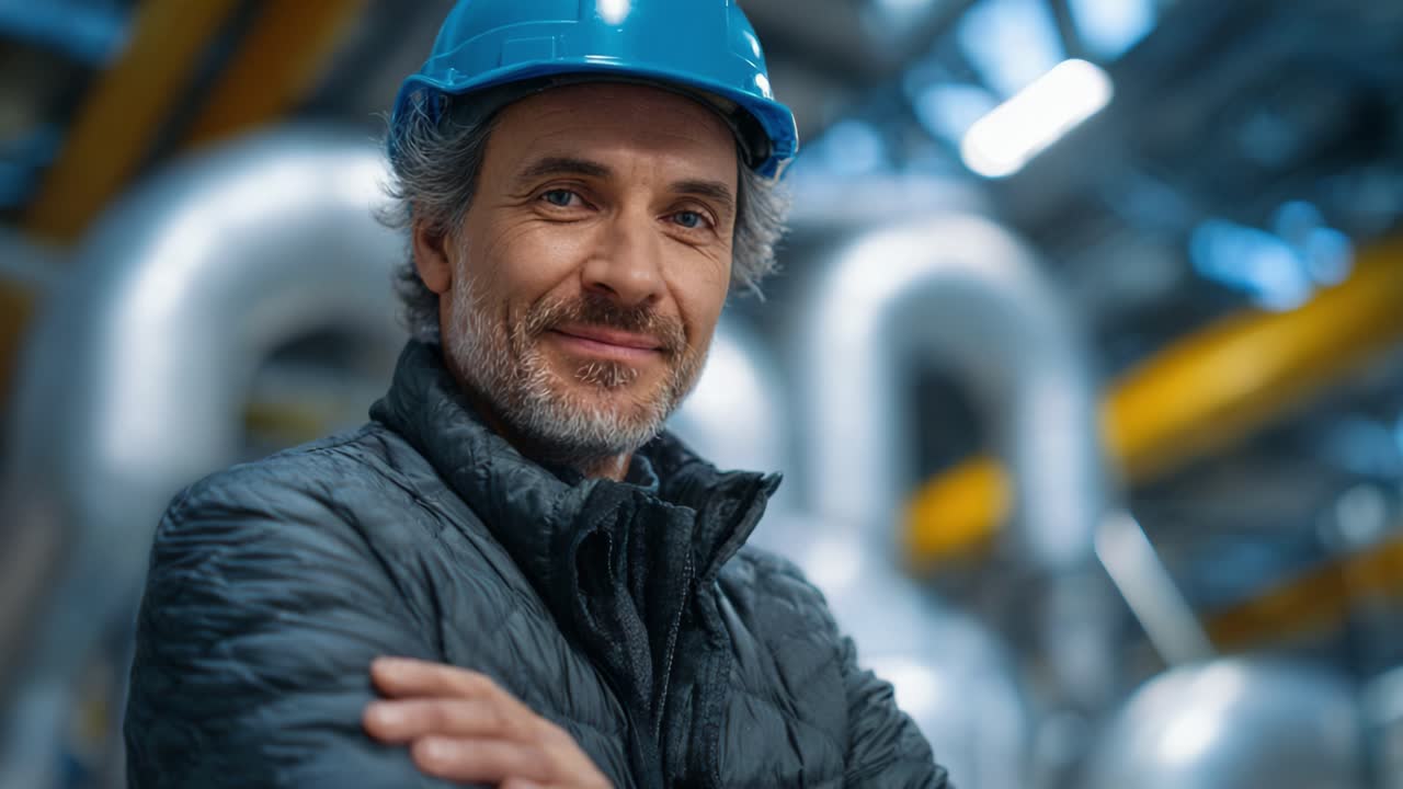 Confident Mid-Aged Professional in Safety Gear Smiling with Arms Crossed in Industrial Setting, Highlighting Expertise and Commitment to Quality Assurance