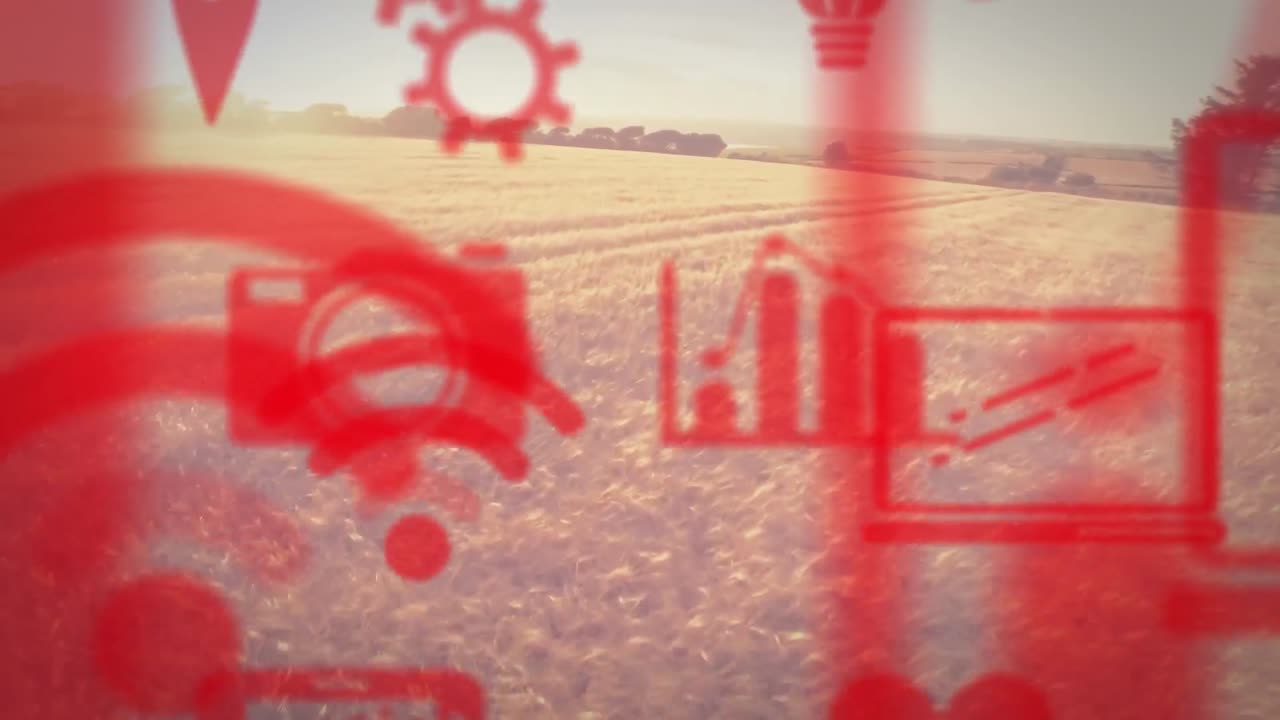 анимация цифровых иконок, плавающих над ландшафтом