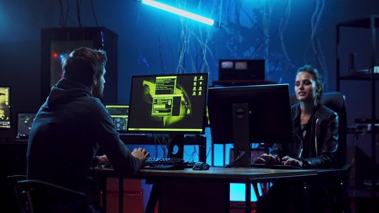 jovens atraentes e colegas de trabalho, desenvolvedores de software ou hackers trabalhando nos computadores e dando cinco uns aos outros alegremente ao terminar com sucesso