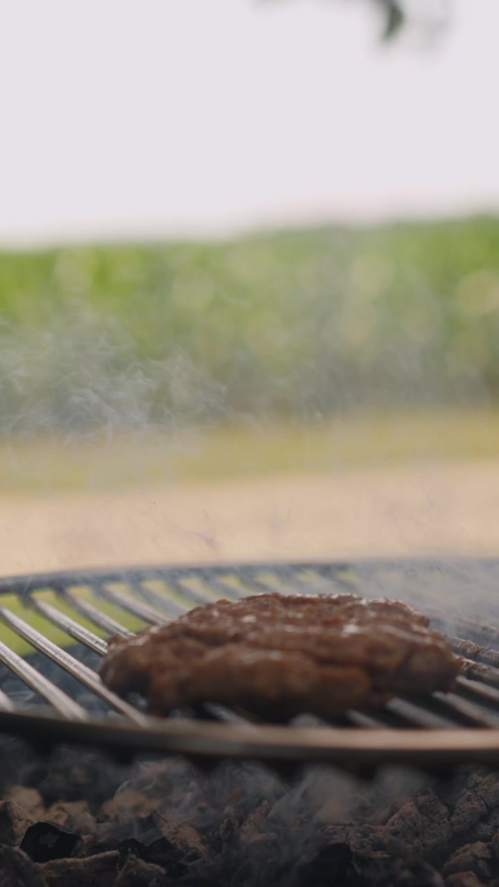 Una bistecca sfrigolante cuoce su una griglia per barbecue con fumo aromatico e una campagna vibrante in questo video verticale, perfetto per l'uso su dispositivi mobili e social media