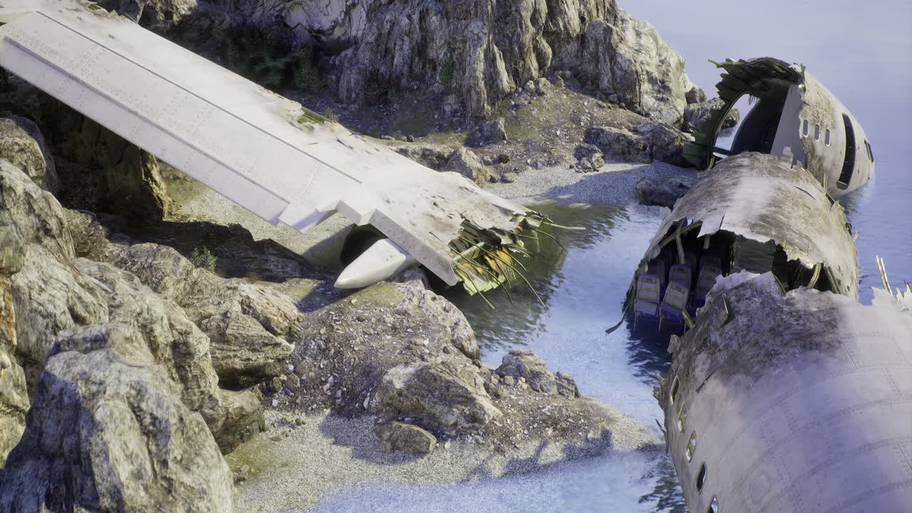 Errored aircraft wreckage on rocky shore with calm waters and cliffs