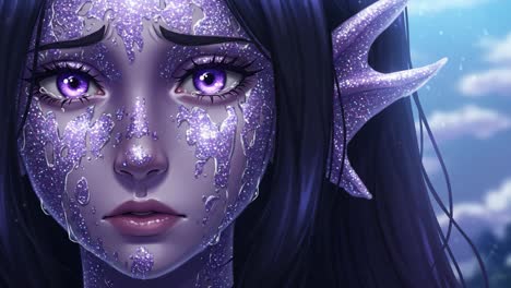 a mesmerizing digital portrait of a mystical being with sparkling features, conveying a deep emotional expression amid a fantastical backdrop of shimmering light
