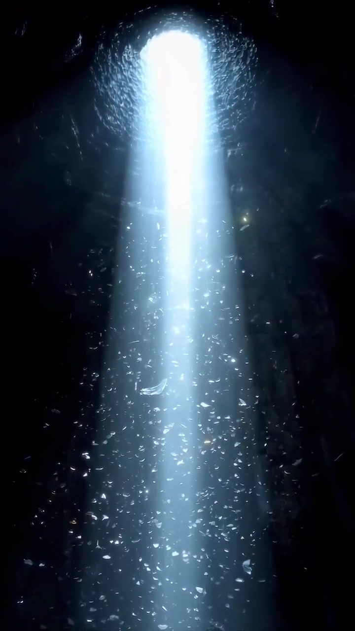 Raggio di luce che illumina una grotta buia con particelle fluttuanti