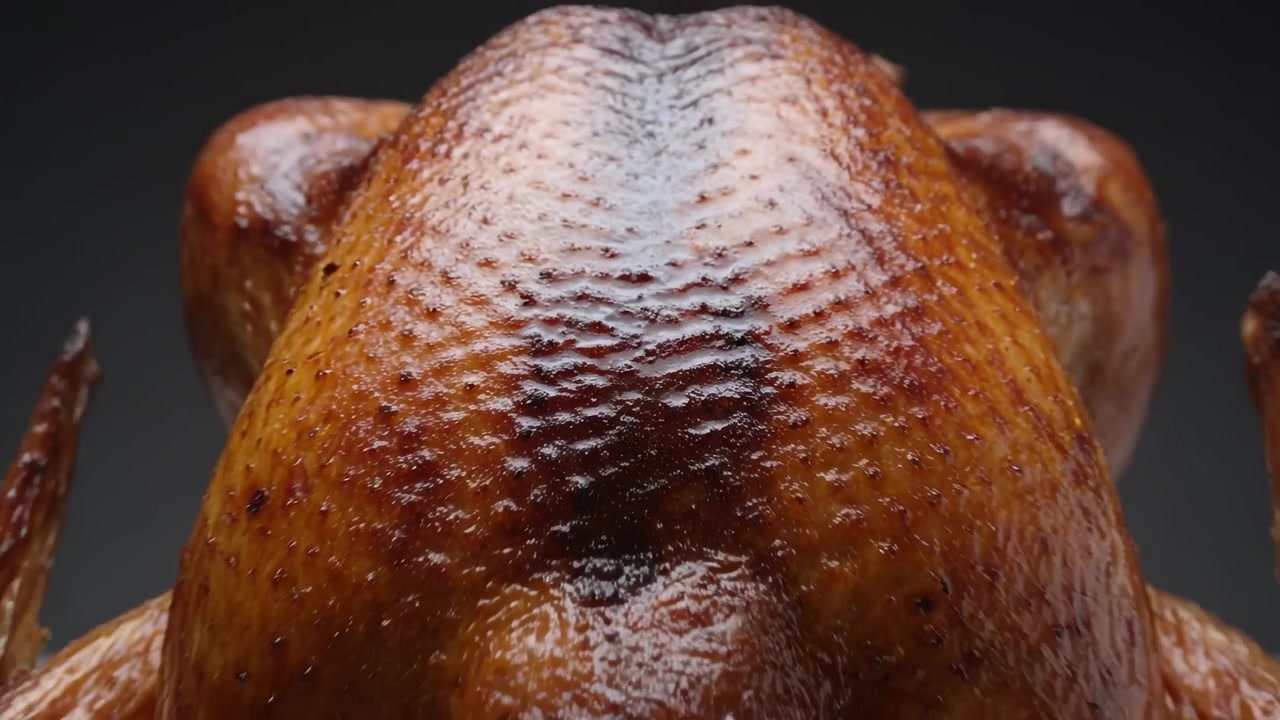 Pulling back, camera revealing roasted bird on rack with crispy skin for display