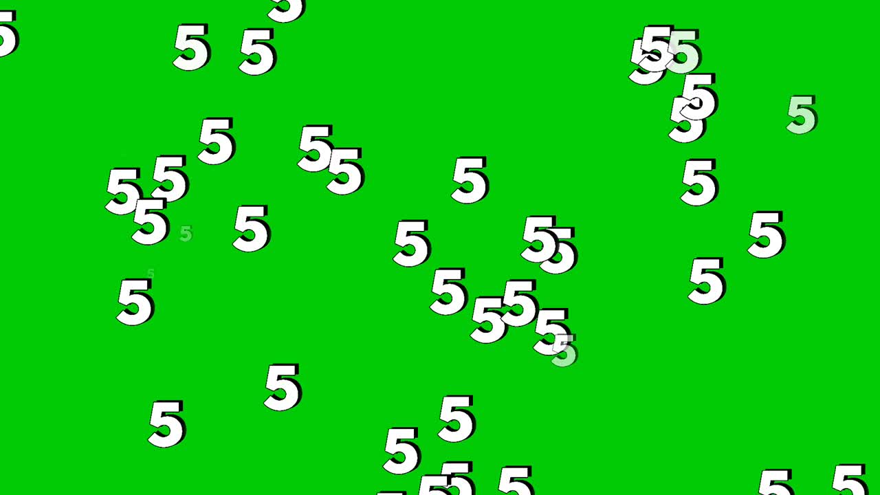 Animated numbers 5 five falling vertically like rain on a green screen background. Perfect for video editing, VFX, and motion graphics. Seamless loop included for continuous use video element