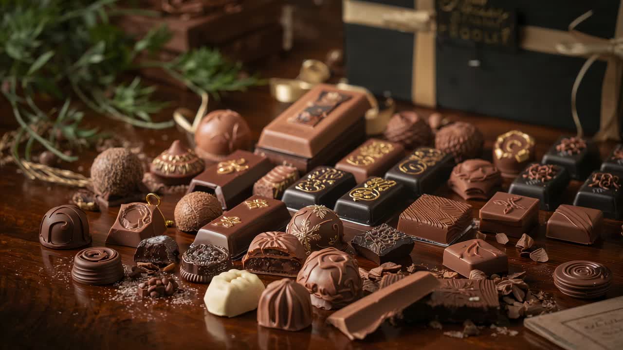 Slow pushing camera revealing chocolates on tabletop, showing white chocolate piece and gift box