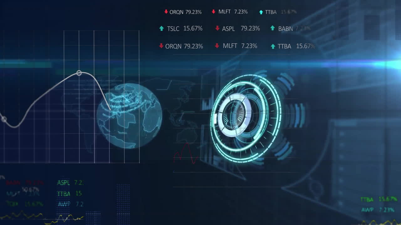 Animation of globe with data processing over dark background