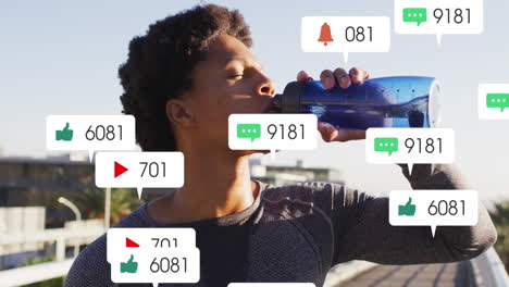animación de barras de notificación, atleta afroamericano de pie y bebiendo agua