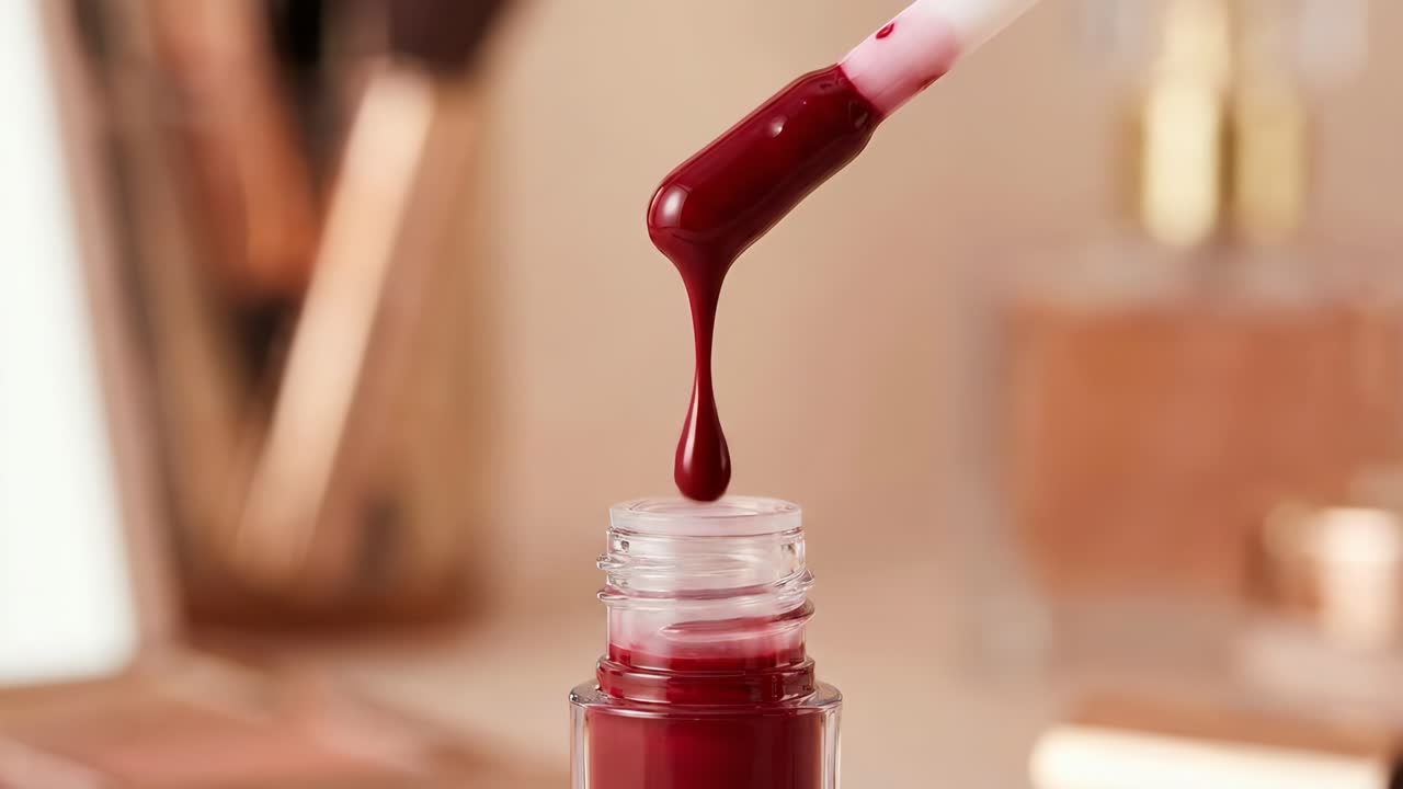 Gloss de labios rojo goteando del aplicador en cámara lenta