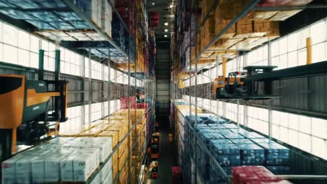 aerial view of a vast warehouse filled with colorful storage pallets, highlighting an organized supply chain and efficient inventory management practices