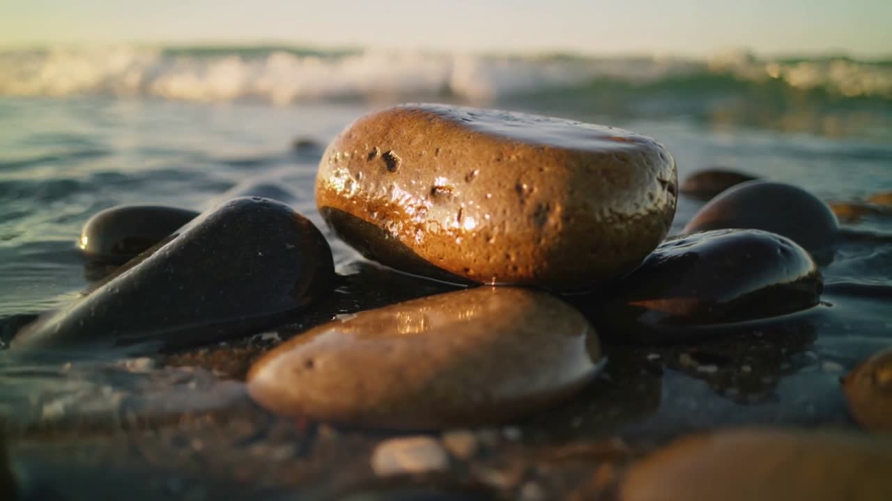 Houle approchante soulevant, éclaboussant un galet brun lisse sur le rivage, poussée par les vagues.