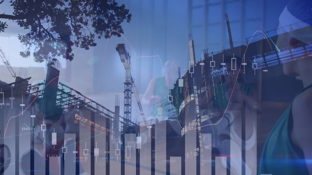 animación del procesamiento de datos financieros sobre varios jugadores de baloncesto