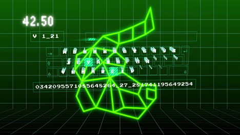 polygonal mesh structure being displayed in virtual interface with neon grid and keyboard outlines