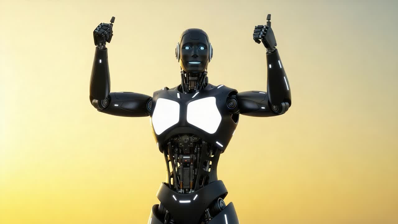 A Futuristic Robot Celebrating Success with Thumbs Up Gesture Against a Vibrant Background, Showcasing the Intersection of Technology and Creativity