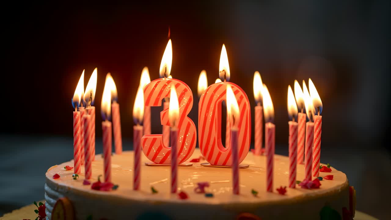 Camera framing iced birthday cake at dim table, candles flickering, marking striped '30' numerals