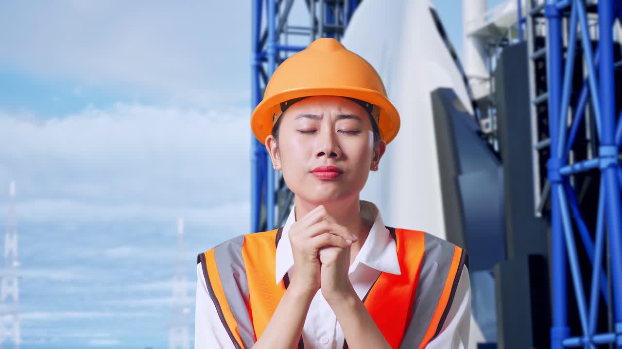 안전 헬을 입은 아시아 여성 엔지니어가 우주왕복선에 서서 무언가를 위해 기도합니다.