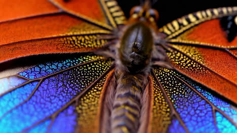 macro close-up of an iridescent butterfly wing and body