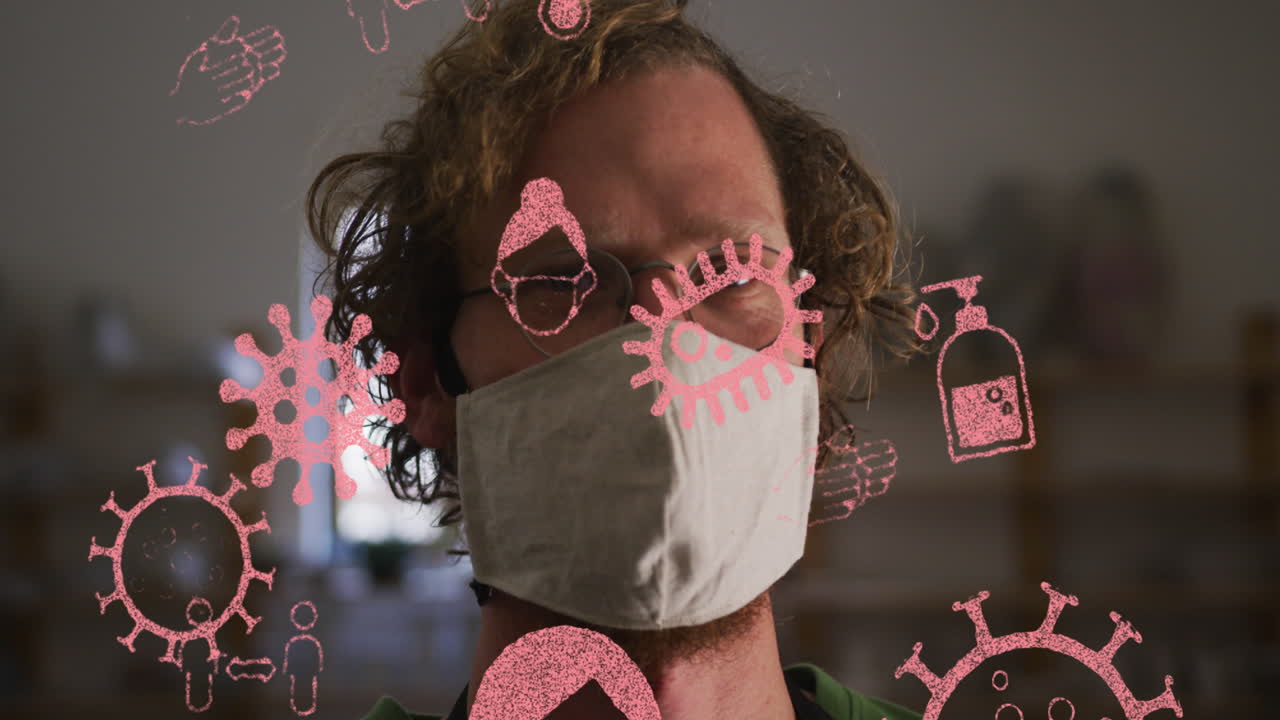 코로나19 아이콘의 애니메이션: 얼굴 마스크를 착용한 도자기 스튜디오의 남자