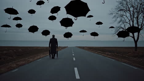 man walking on a desolate road under a sky filled with floating umbrellas