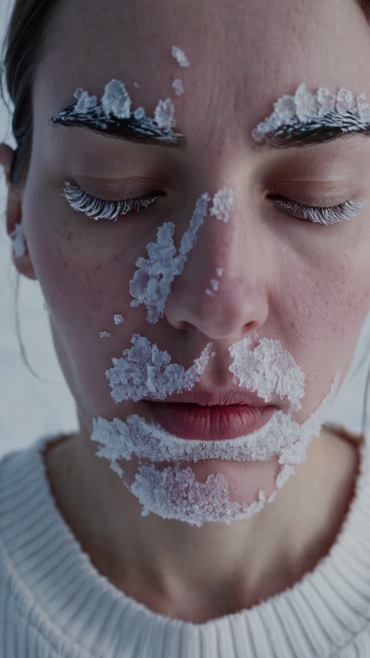 Frosty facial portrait showing female experiencing harsh winter environment, closed eyes, snow covered eyelashes, wearing white knit sweater amid freezing temperatures