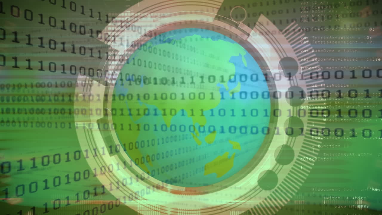 procesamiento de datos de codificación binaria sobre un globo giratorio contra un fondo verde