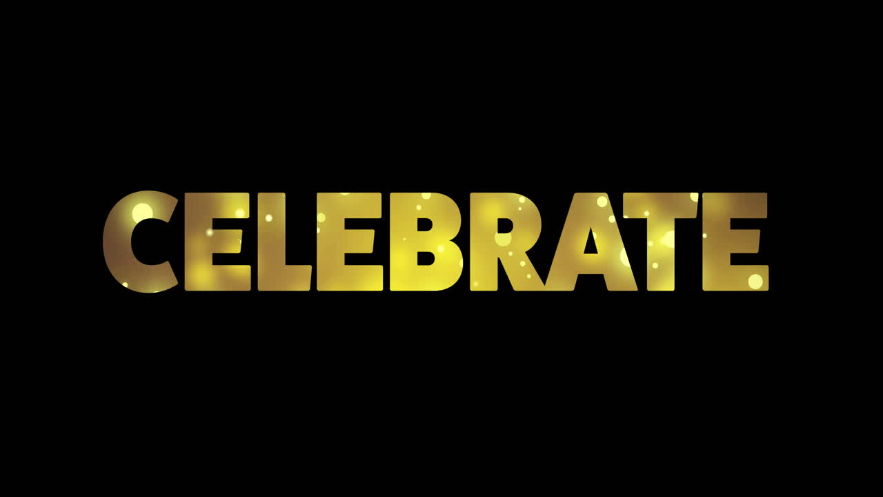 Animation of celebrate text and glowing lights on black background