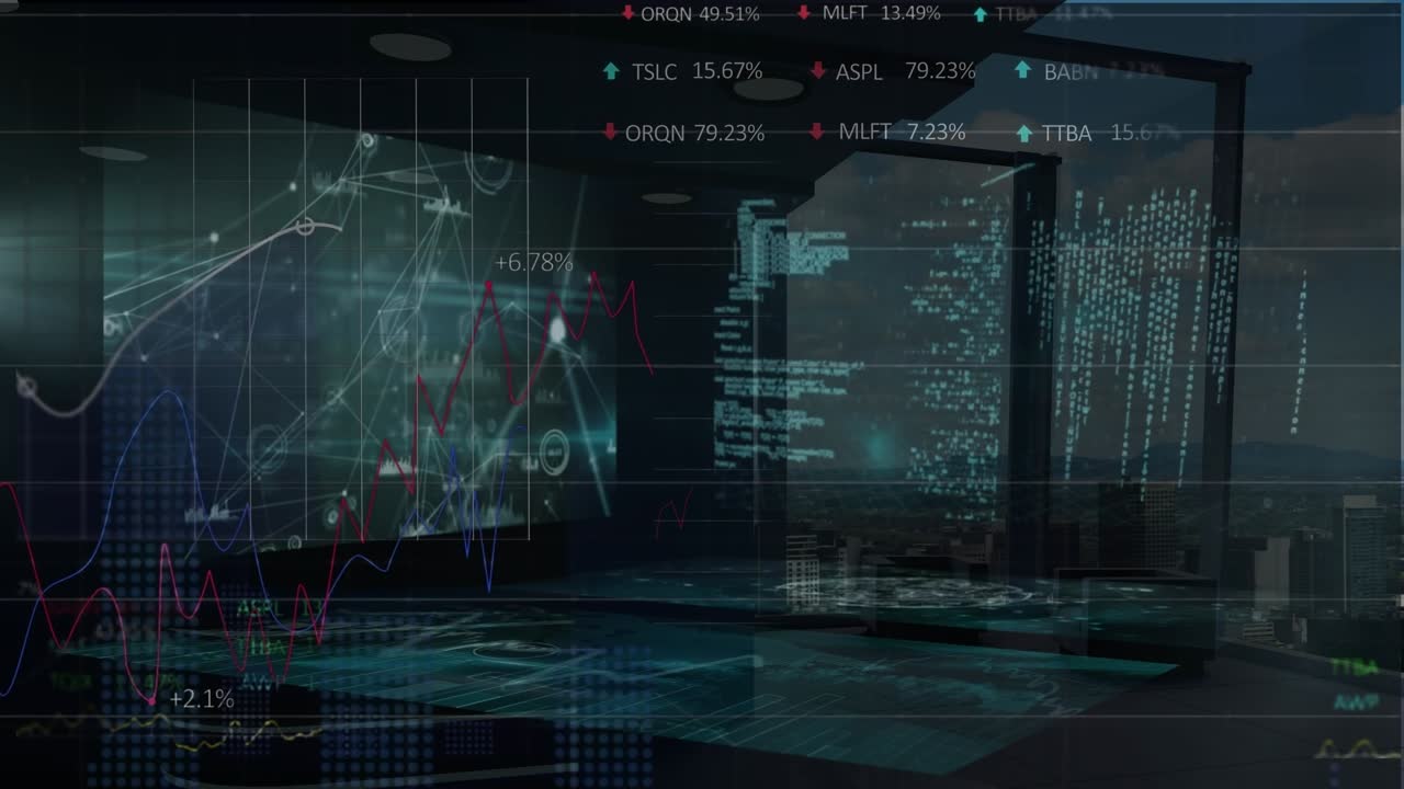 Animation of data processing over cityscape