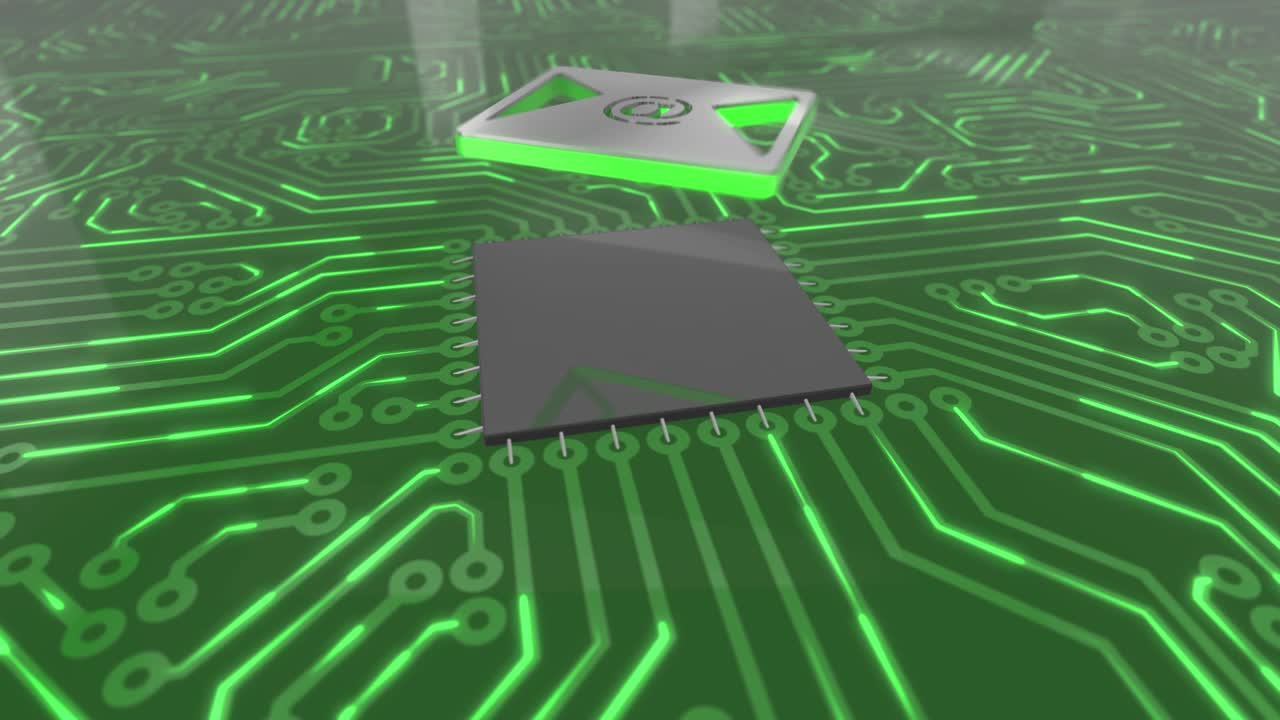 Dark green rotating computer circuit board concept email loop 4K